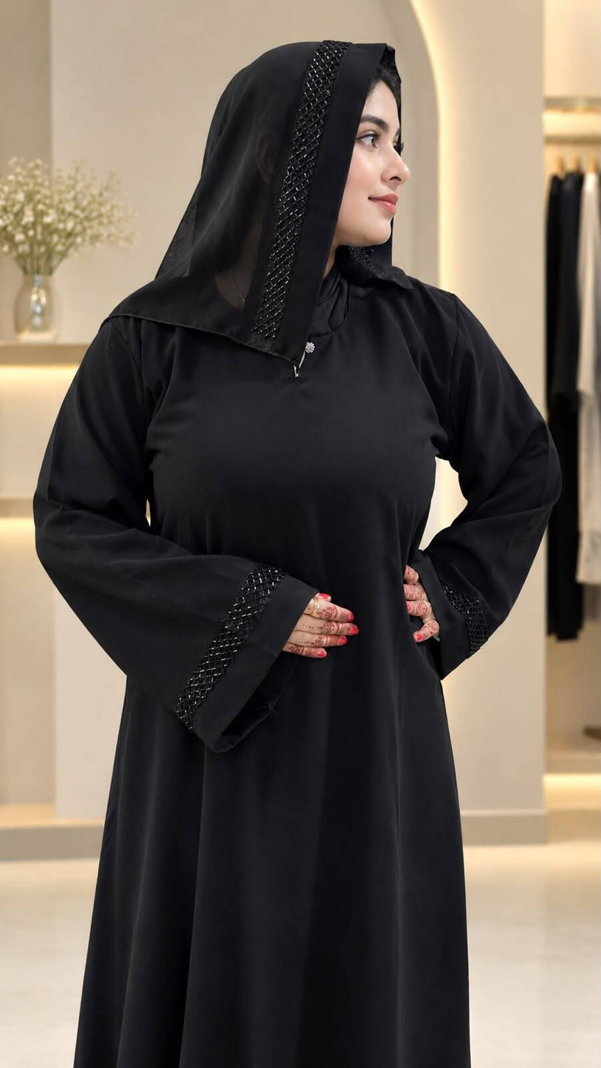 Image of KSCOLLECTION Cotton Silk Self Design Abaya With Hijab (Black)