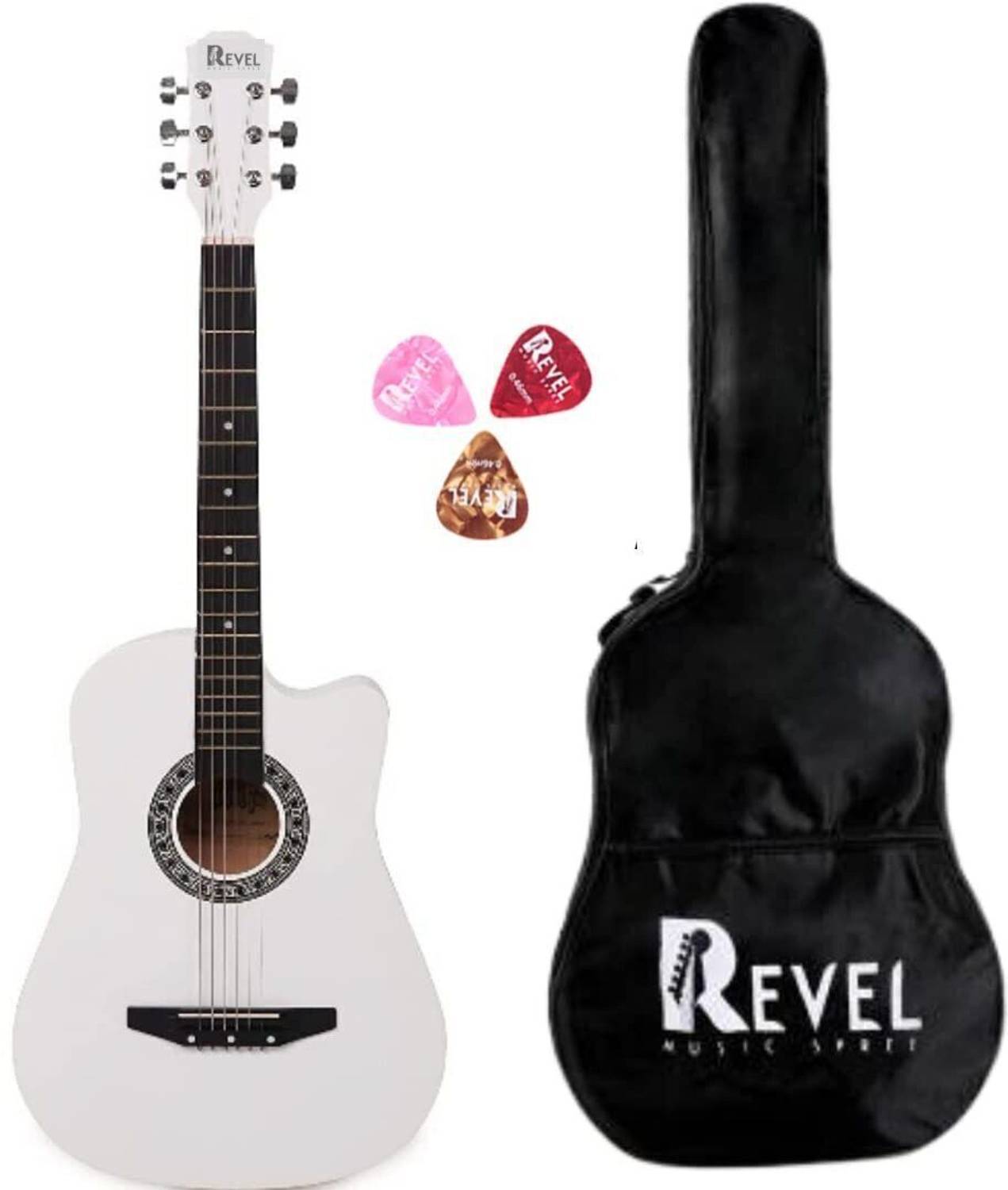 REVEL RVL-38C-LGP-WH 38 Inch Cutaway Design Guitar with bag and p