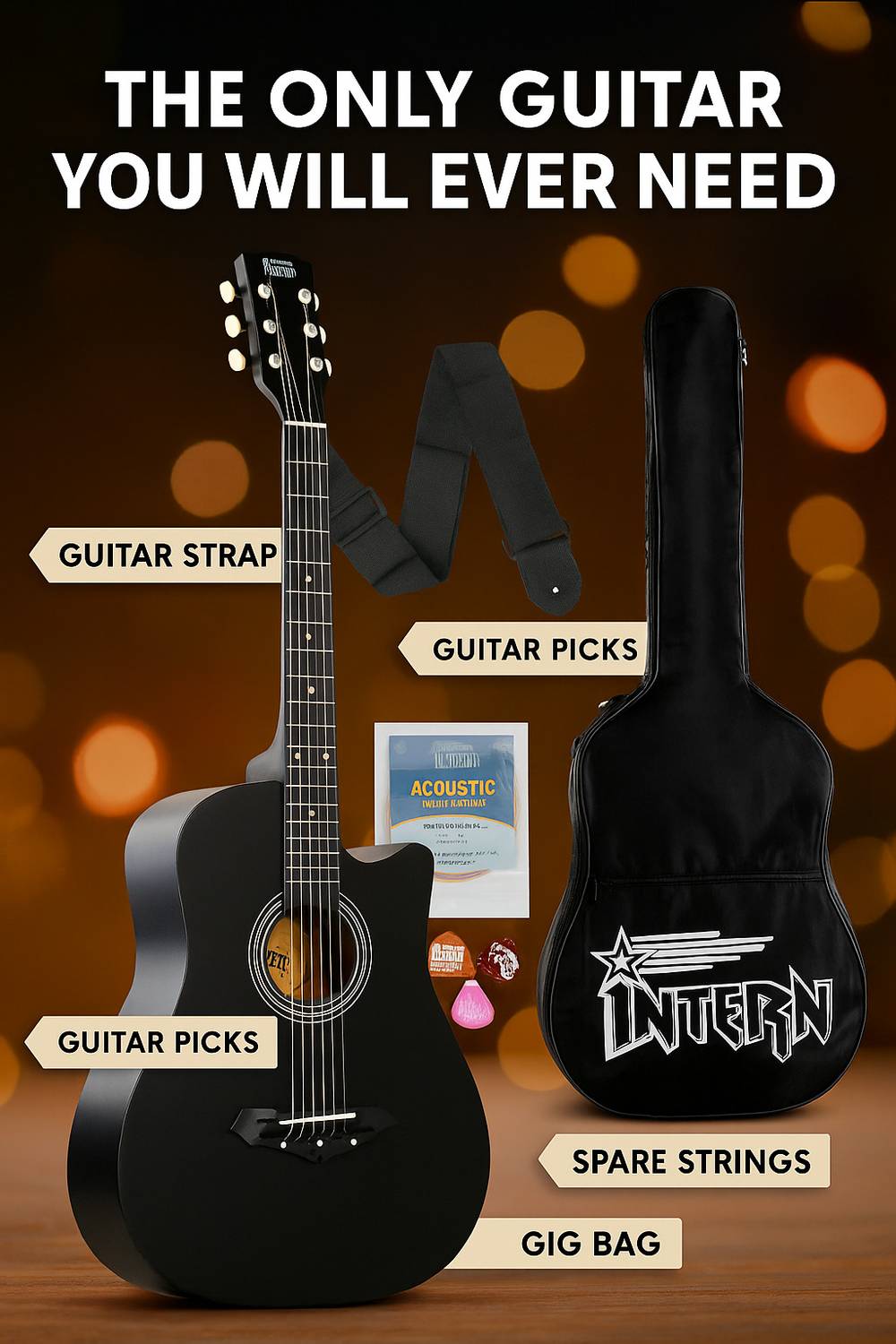 intern INT-38C-BK Acoustic Guitar Basswood Willow - Image 2