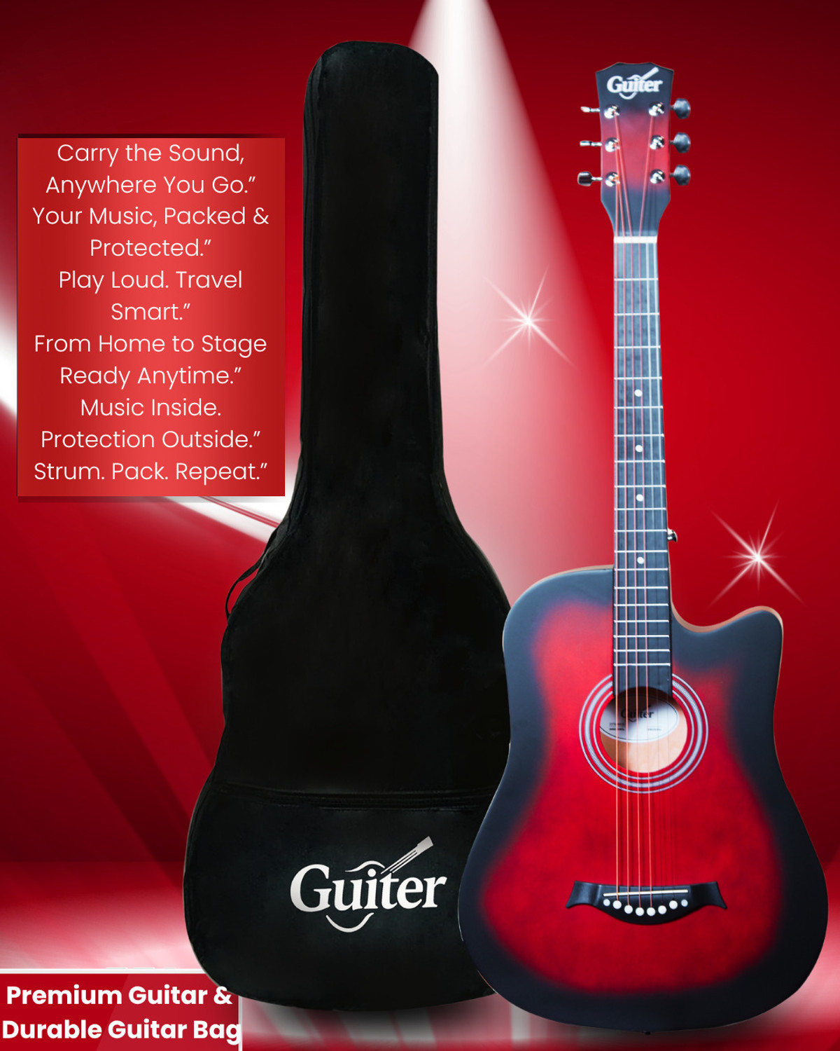 Image of Guiter 38IN-CG Acoustic Guitar with Pickup ,Truss Rod,& Starter kit, Linden & Rosewood Acoustic Guitar Linden Wood Rosewood Right Hand Orientation