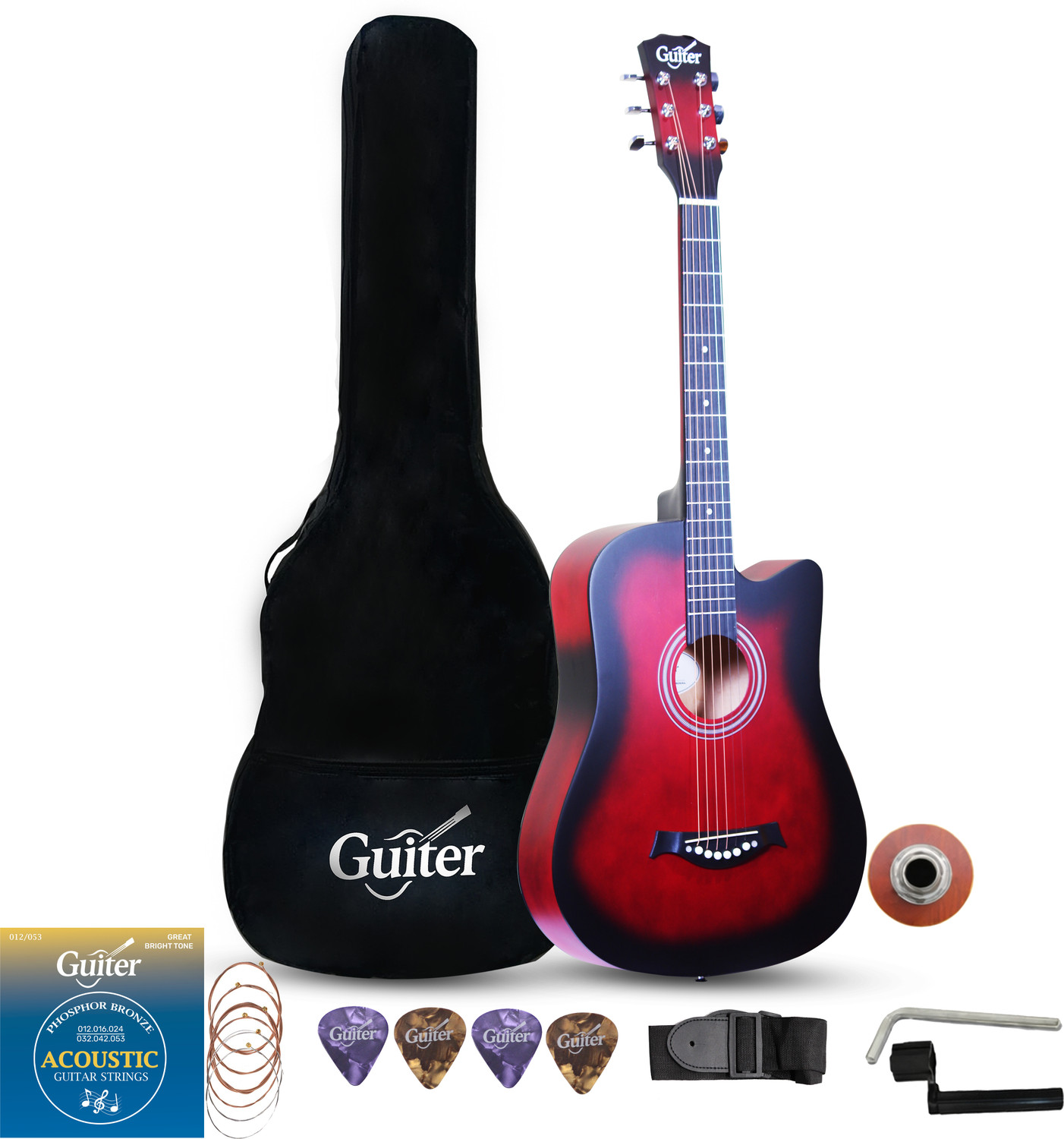 Image of Guiter 38IN-CG Acoustic Guitar with Pickup ,Truss Rod,& Starter kit, Linden & Rosewood Acoustic Guitar Linden Wood Rosewood Right Hand Orientation