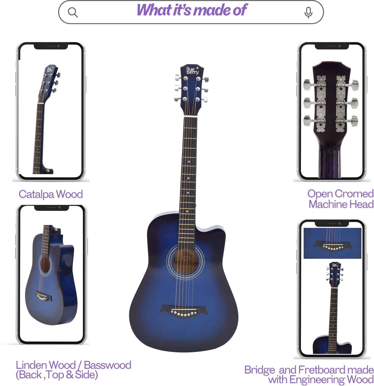 BLUEBERRY 38C Blue 38 Inch Acoustic Guitar Linden Wood Plastic - Image 4