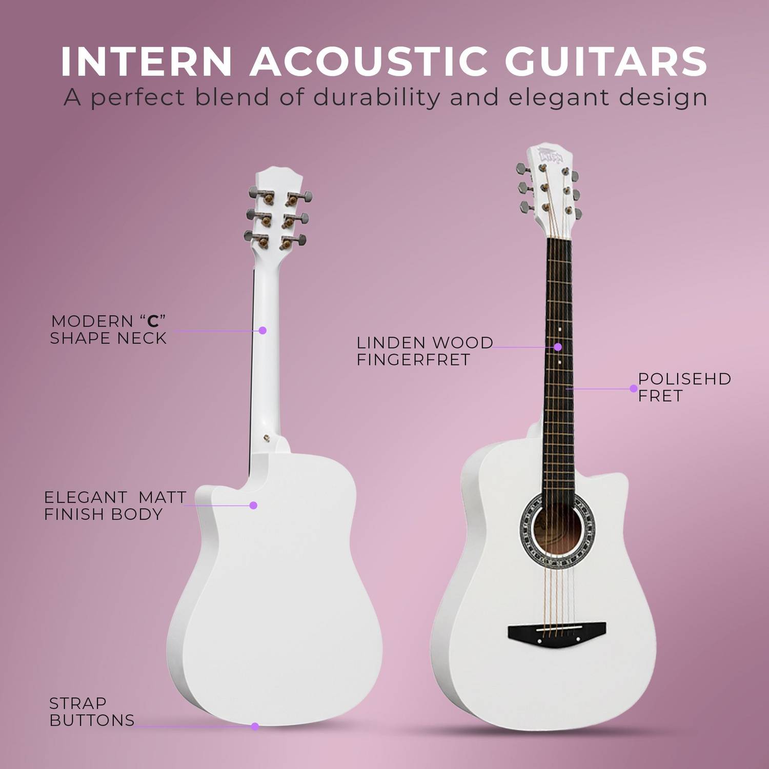 intern INT-38C-WH Acoustic Guitar Linden Wood - Image 4