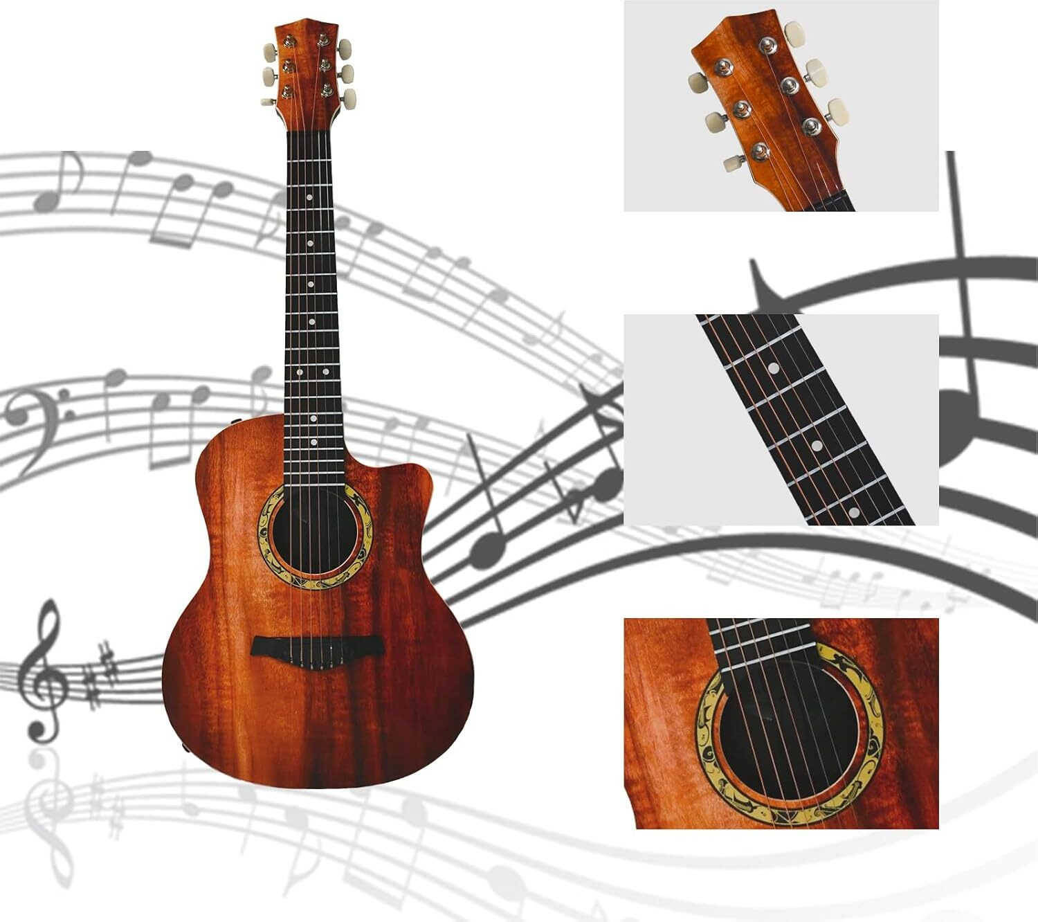 Image of BIYALI Acoustic Guitar 32 Inch 6 String with Cutaway | Beginner Wooden Guitar Acoustic Guitar Linden Wood Rosewood Right Hand Orientation