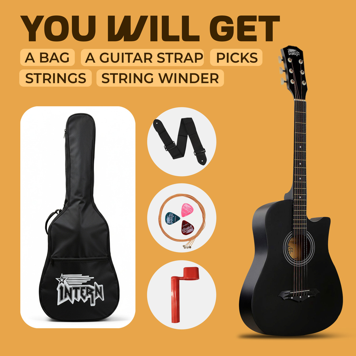 Image of intern Black Acoustic Guitar Rosewood Ebony Right Hand Orientation
