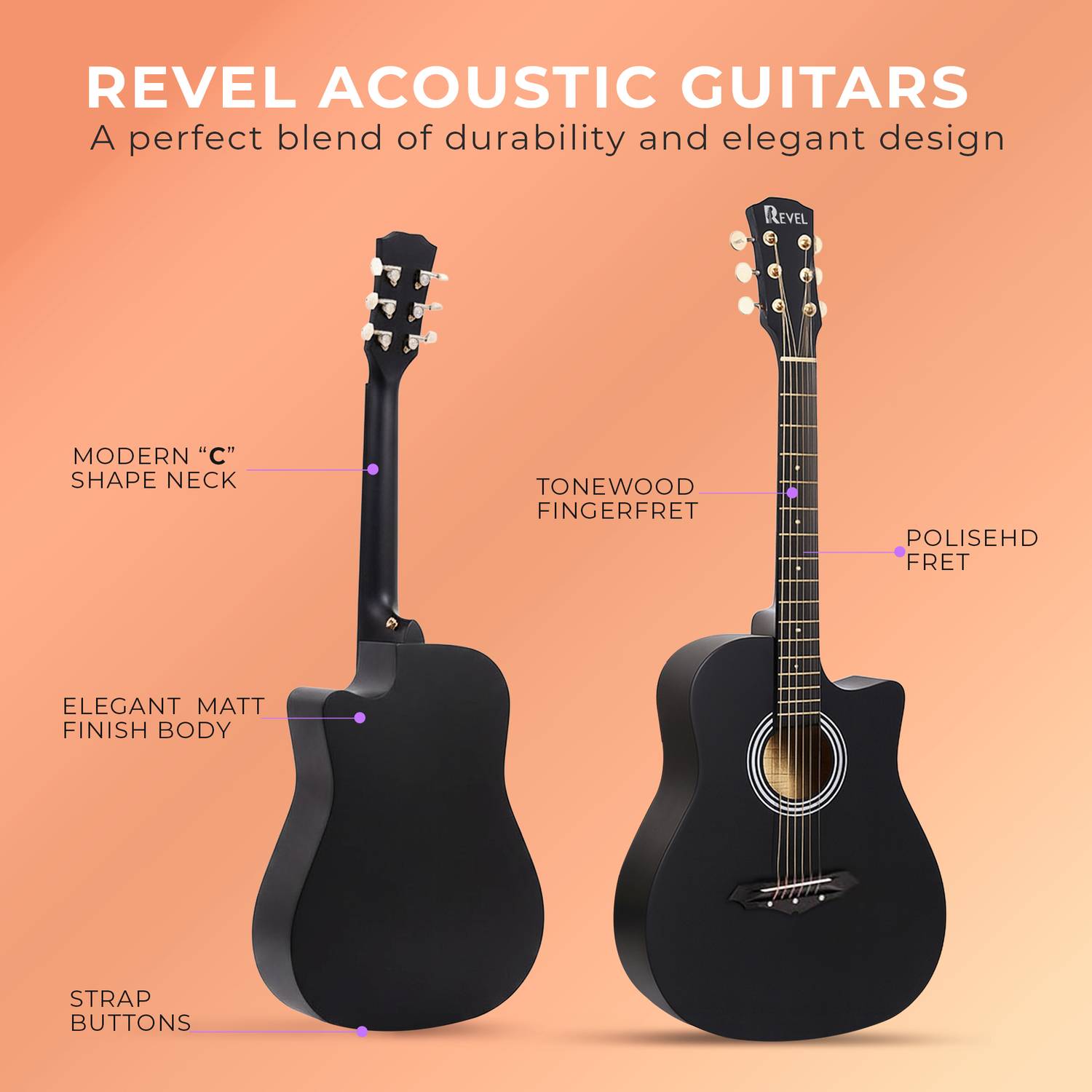 REVEL RVL-38C-LGP-BK Acoustic Guitar Black - Image 3
