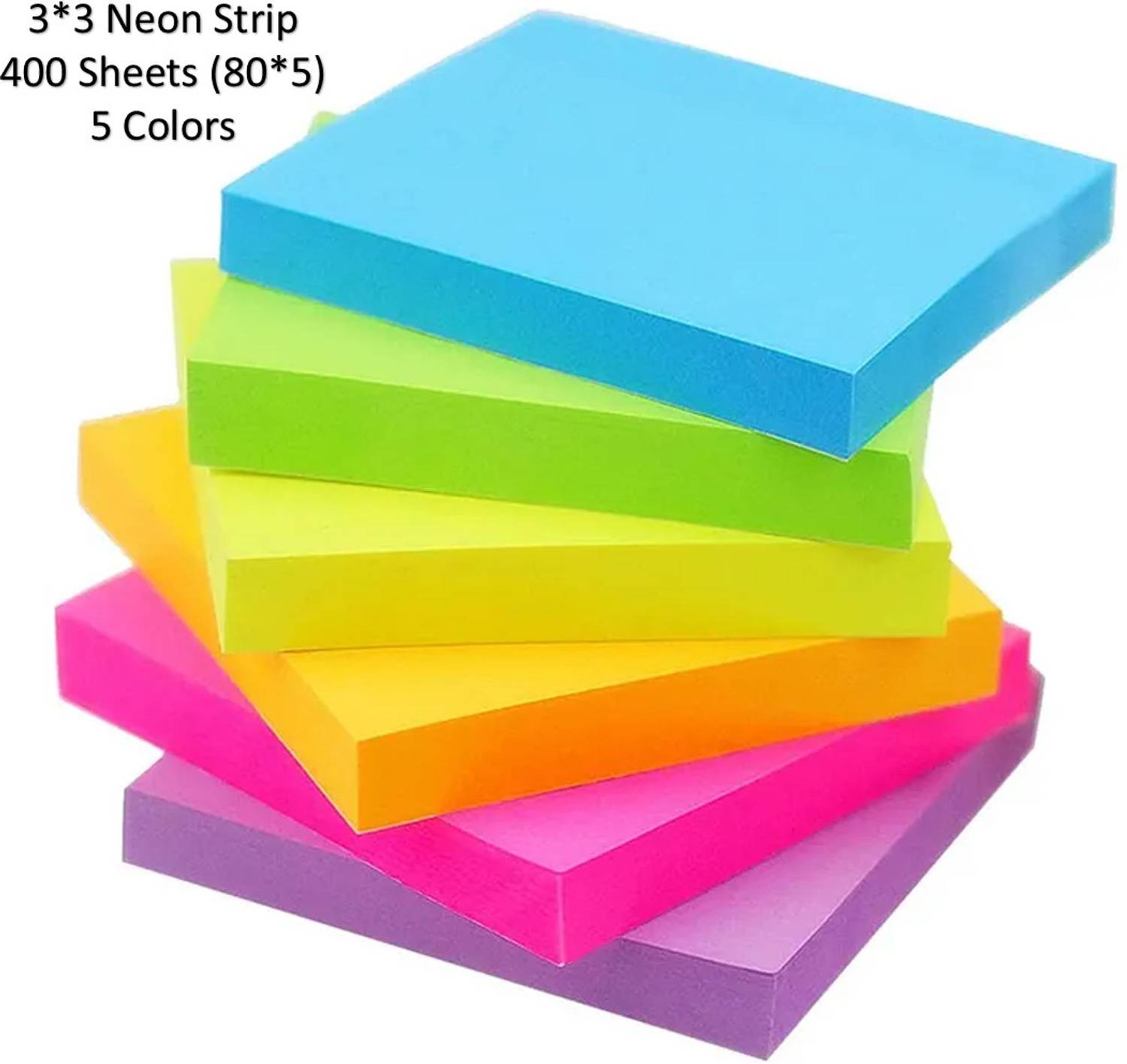 AirSoft Super Sticky Notes, 2X Sticking Power, 3x3 inch (Neon Colour) Fluorescent Paper 400 Sheets Regular, 5 Colors
