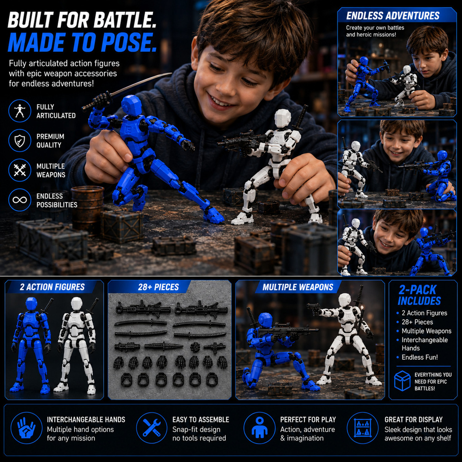 Image of HASTAP D13 Version 2 White Blue Poseable Action Figure Set with Toy Accessory Pack