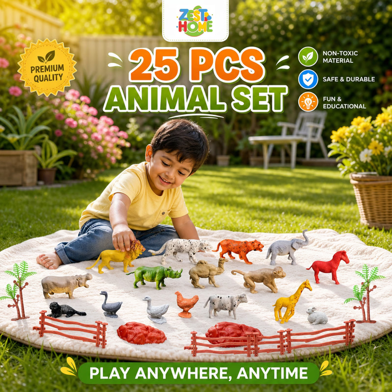 Image of ZESTHOME Animal Figure for Kids - 25Pc Small Animal Toys with Trees Fence & Stones