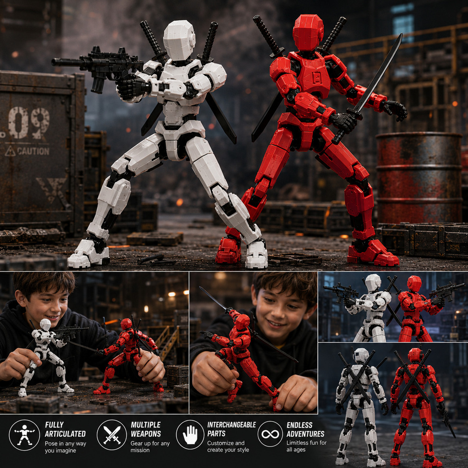 Image of HASTAP D13 Version 2 Red Blue Poseable Action Figure Set with Toy Accessory Pack (Red, Blue)