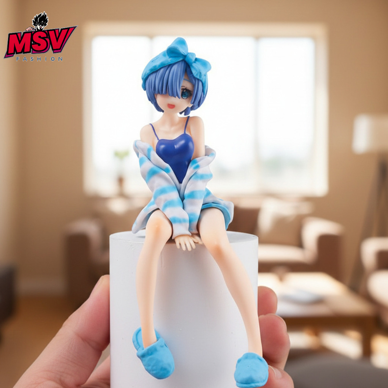 Image of msvfashions rem girl with blue tshirt Cute Sitting Anime Girl Figurine