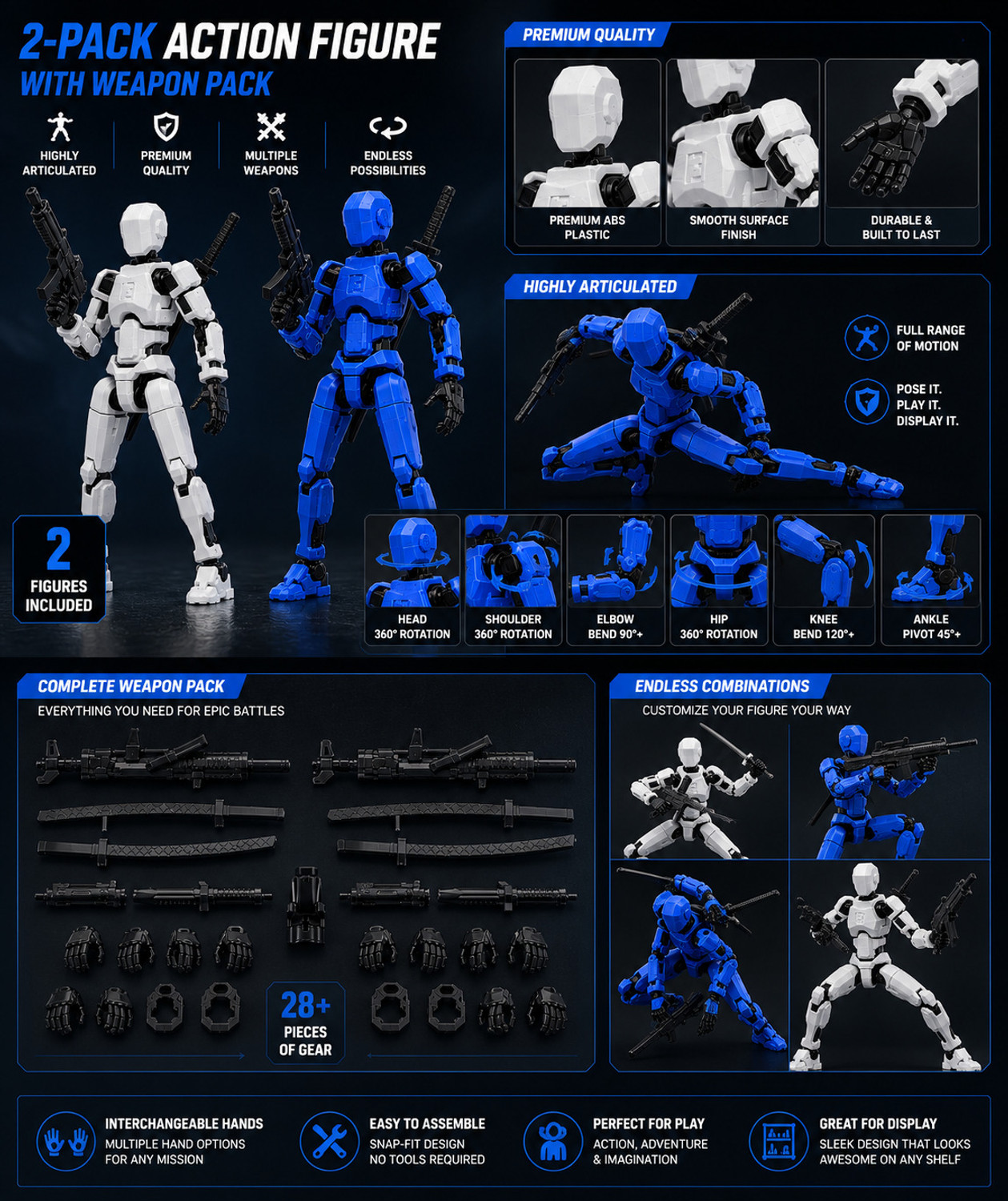 Image of HASTAP D13 Version 2 White Blue Poseable Action Figure Set with Toy Accessory Pack