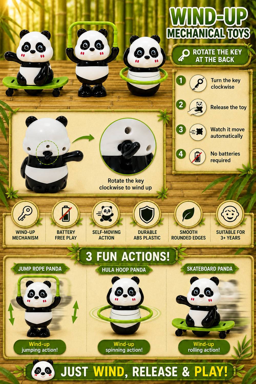 WANPAKU Panda Sports Trio Wind-Up Toy Set (Pack of 3) - Image 2
