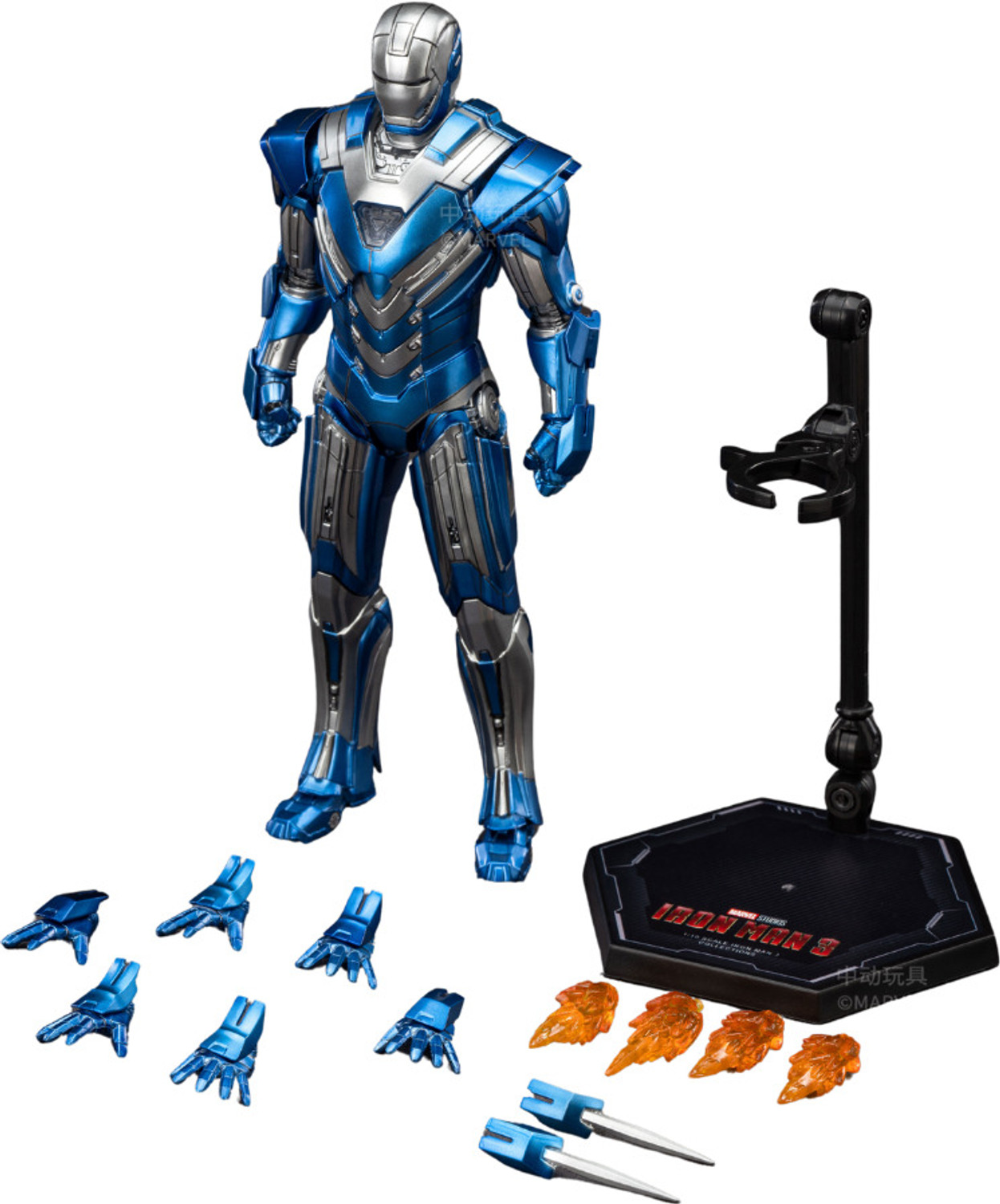 Image of MARVEL Iron Man 3 Mark 30 Blue Armor Action Figure, Interchangeable Hands & Stand (Multicolor)