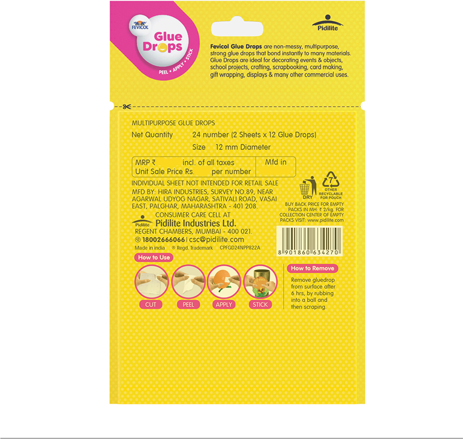 Image of FEVICOL Non-Toxic, Acid Free, Child Friendly Glue Drops For Instant & Non Messy - Peel, Apply & Stick 24 Glue Drops