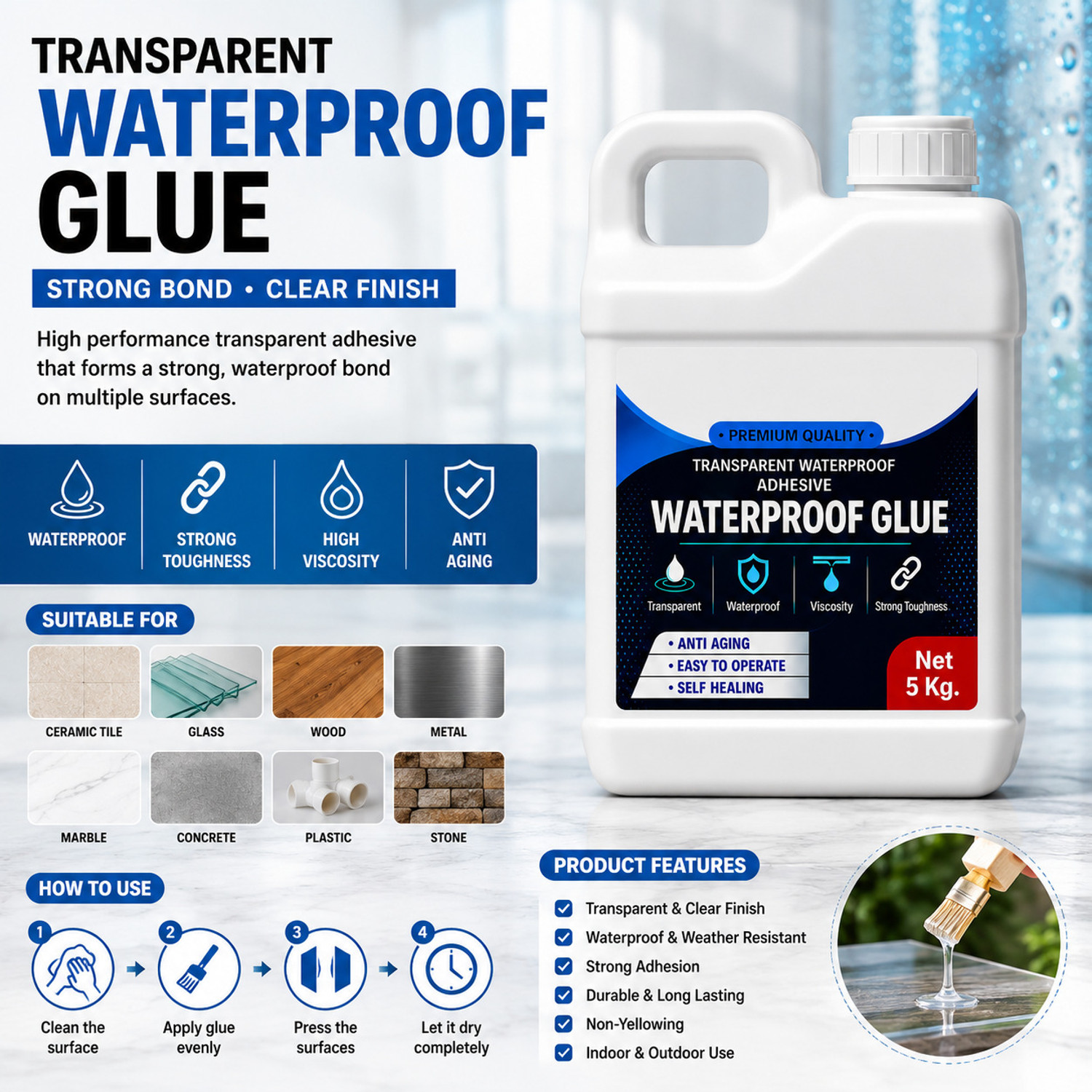 Image of Yugam Kiyano Glue Clear Gel Bathroom Roof Top Concrete No Leak Adhesive (5 KG) Adhesive