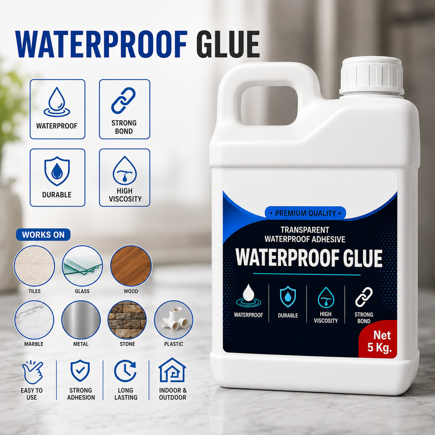 Image of Yugam Kiyano Glue Clear Gel Bathroom Roof Top Concrete No Leak Adhesive (5 KG) Adhesive