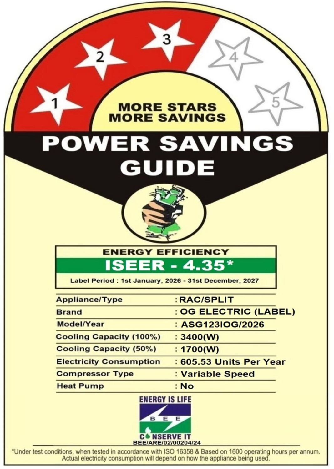 Image of OG Electric 2026 Model 1 Ton 3 Star Split Smart Inverter AC