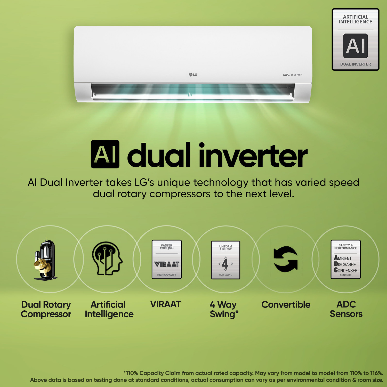 Image of LG 2024 Model 1 Ton 5 Star Split Dual Inverter Viraat Mode, Super Silent, HD Filter With Anti-Virus Protection AC With 4 Way Swing, Monsoon Comfort & ADC Sensor AC
