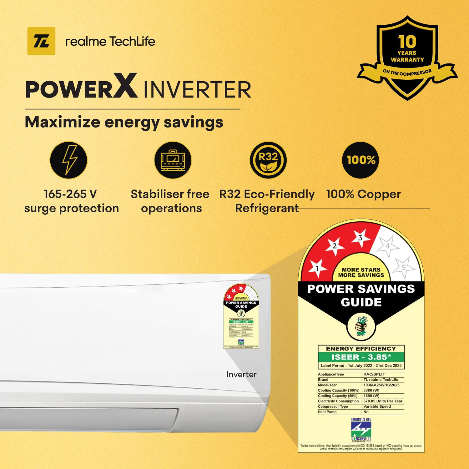 Image of realme TechLife 2025 Model 1 Ton 3 Star Split Inverter with Wi-fi 5-in-1 Convertible with Rapid Cool Smart Technology AC