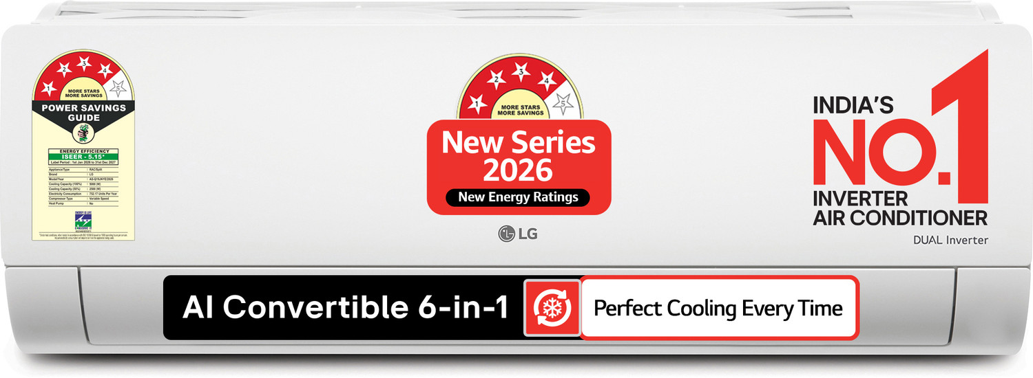 Image of LG 2026 Model 1.5 tons 4 Star Split Dual Inverter Faster Cooling and Energy Saving, AI Convertible 6-in-1 Cooling, 4 Way Air Swing, HD Filter with Anti Virus Protection, Cools at 55 Degree Celsius, Him Clean, VIRAAT Mode and Diet Mode Plus AC