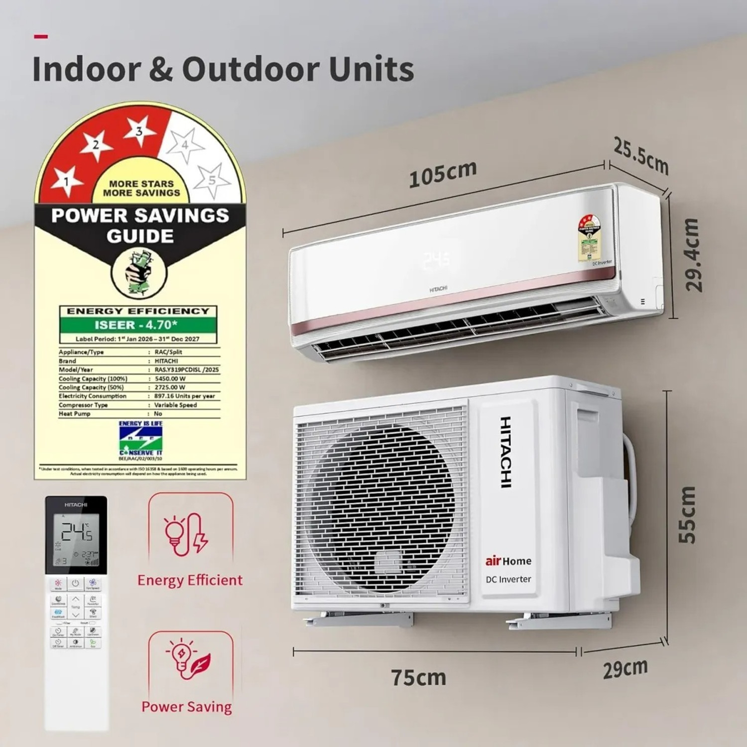 Image of Hitachi 2026 Model 1.6 Ton 3 Star Split Inverter with Wi-fi AC