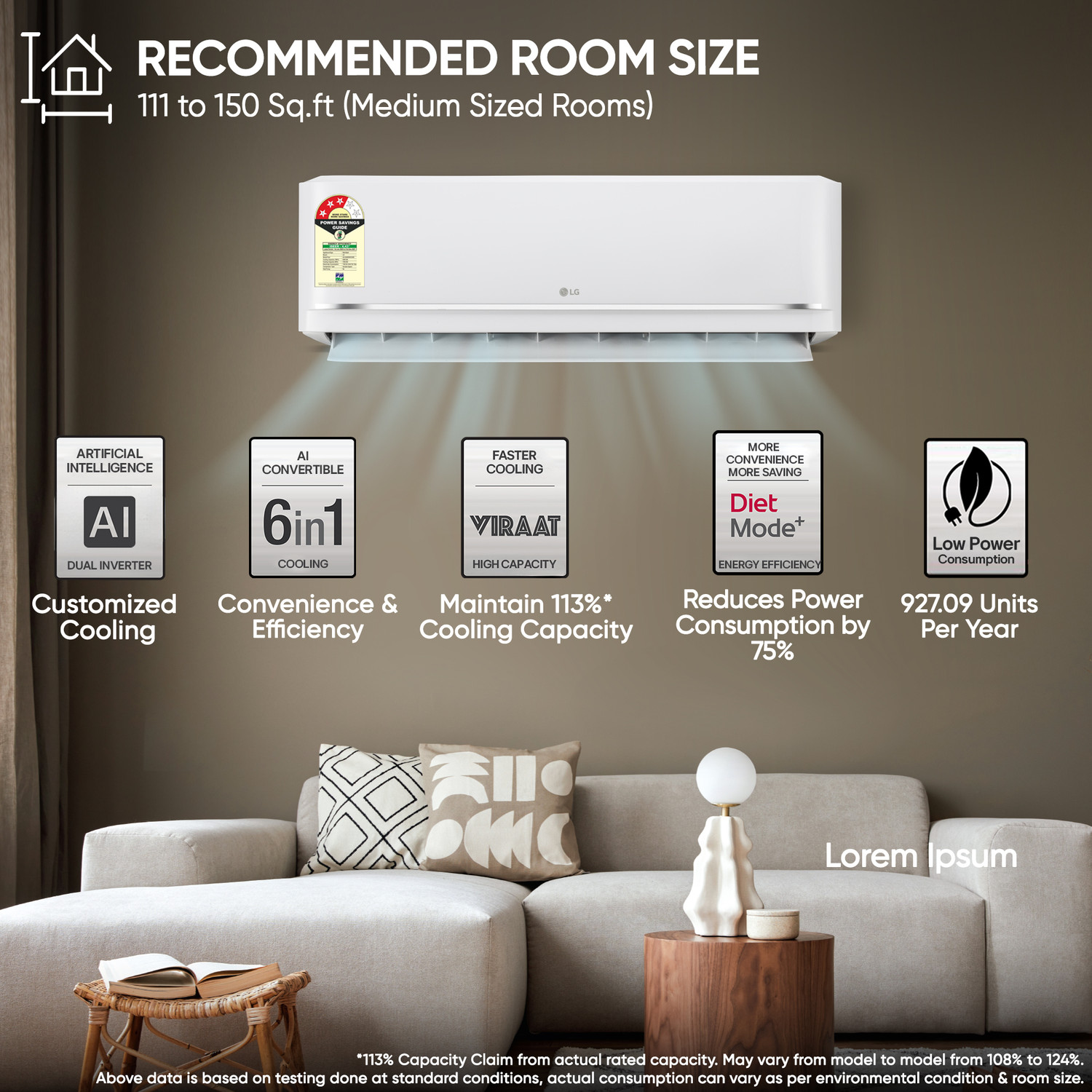 Image of LG 2026 Model 1.5 tons 3 Star Split Dual Inverter Faster Cooling and Energy Saving, AI Convertible 6-in-1 Cooling, 4 Way Air Swing, HD Filter with Anti Virus Protection, Cools at 55 Degree Celsius, Him Clean, VIRAAT Mode and Diet Mode Plus AC
