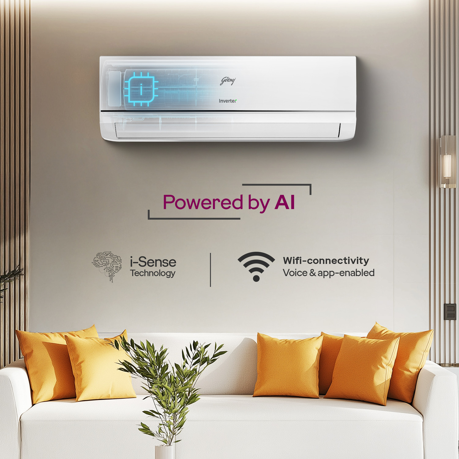 Image of Godrej 2026 Model 1 Ton 3 Star Split Inverter with Wi-fi with Wi-Fi | 5-in-1 convertible | AI Powered| Heavy Duty Cooling at 52 degree celsius | 4 - Way Swing AC