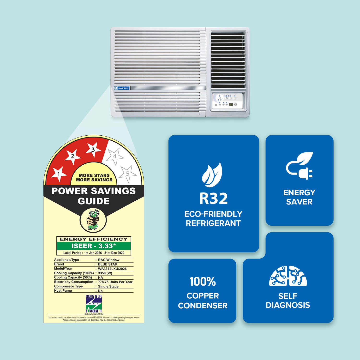 Image of Blue Star 2026 Model 1 Ton 3 Star Window Fixed Speed AC