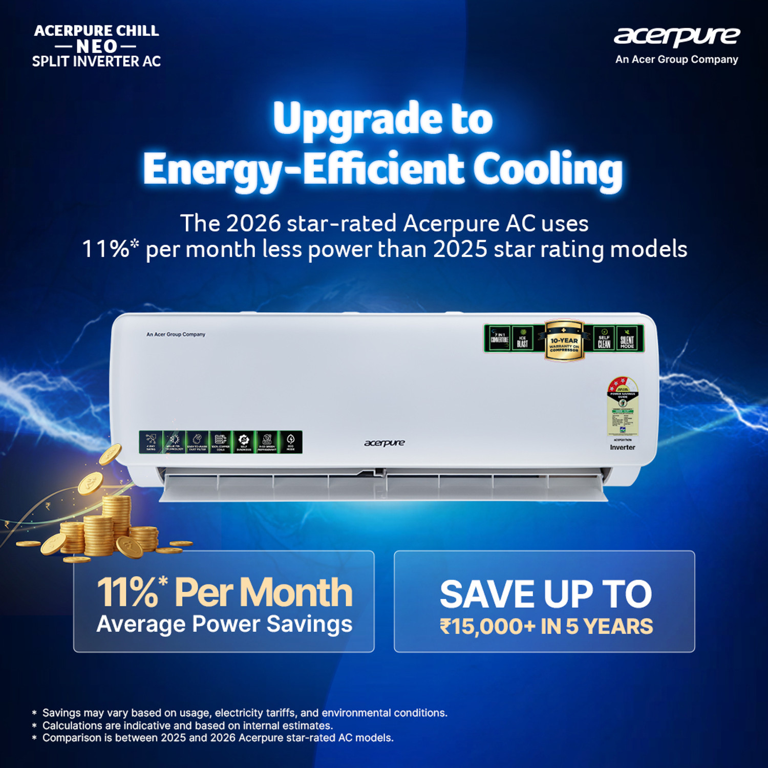 Image of Acerpure 2026 Model 1 Ton 3 Star Split Inverter Chill Neo Energy Efficient 7-in-1 Convertible Cools at 58�C Ice Blast 4 Ways swing Self Cleaning Technology AC