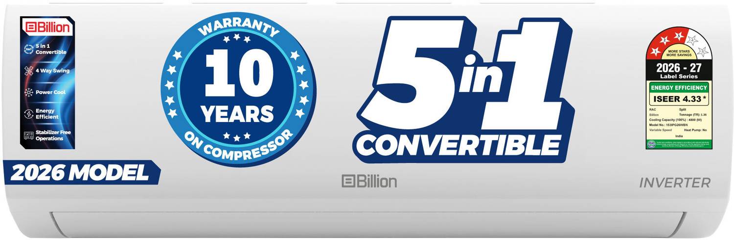 Billion 2026 Model 1.5 Ton 3 Star Split Inverter 5-in-1 Convertible with Turbo Cool Technology AC