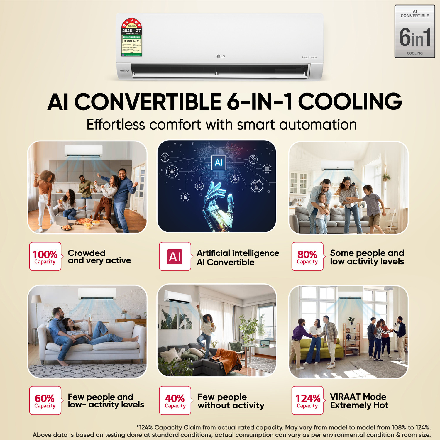 Image of LG 2026 Model 1.42 Ton 5 Star Split Smart Inverter Faster Cooling and Energy Saving, AI Convertible 6-in-1 Cooling, 4 Way Air Swing, HD Filter with Anti-Virus Protection, Cools at 55 Degree Celsius, Him Clean, 5000 W, Monsoon Comfort, VIRAAT Mode and Diet Mode Plus AC