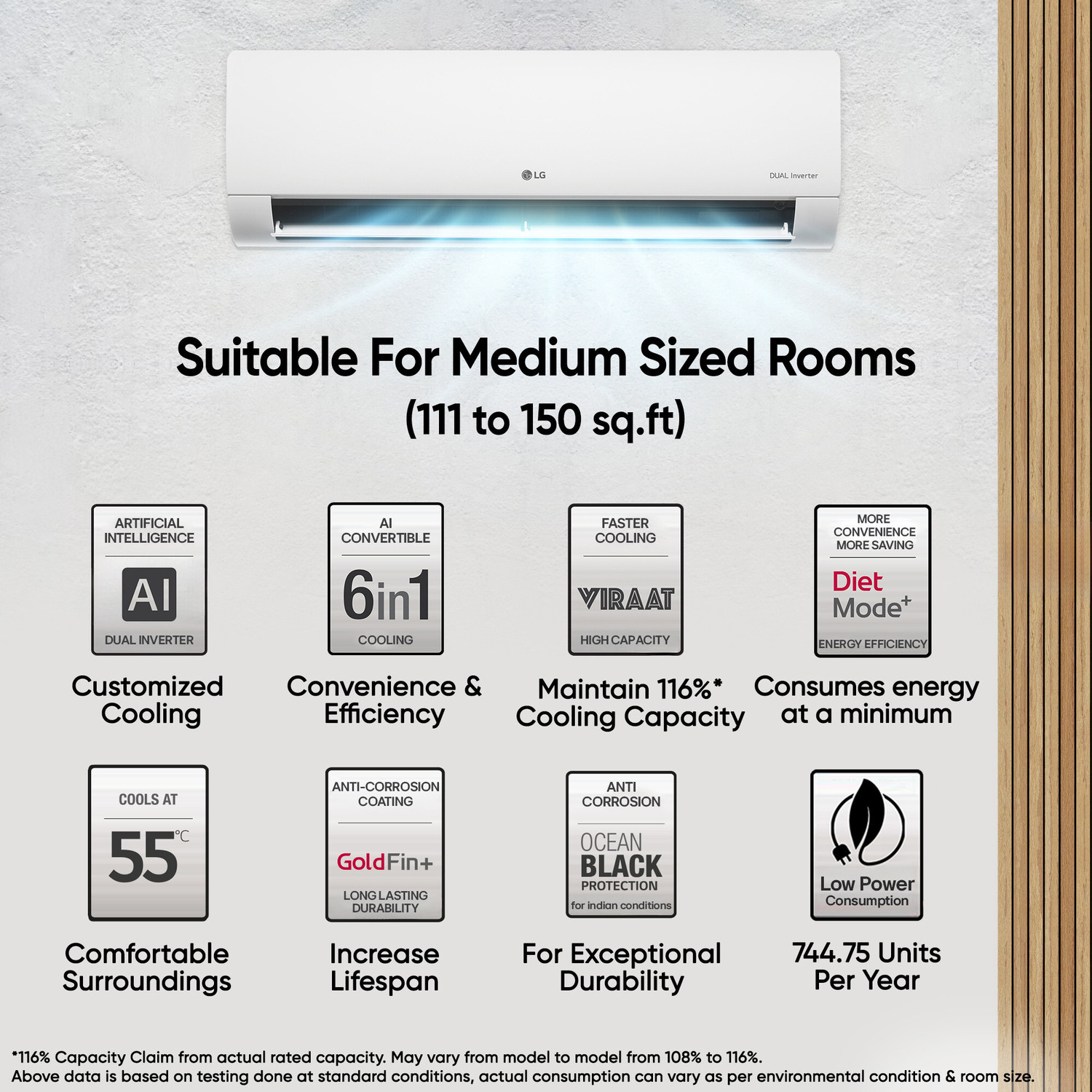 Image of LG 2025 Model 1.5 Ton 5 Star Split AI Dual Inverter AI Convertible 6-in-1 Split with Faster Cooling and Energy Saving, VIRAAT Mode and Diet Mode Plus AC