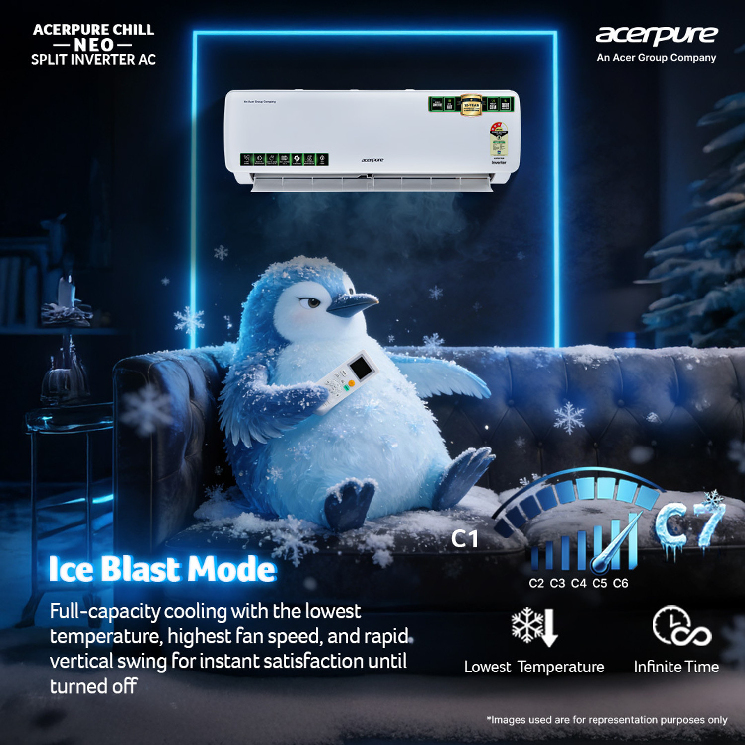 Image of Acerpure 2026 Model 1 Ton 3 Star Split Inverter Chill Neo Energy Efficient 7-in-1 Convertible Cools at 58�C Ice Blast 4 Ways swing Self Cleaning Technology AC