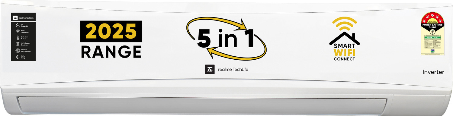 Image of realme TechLife 2025 Model 1.5 Ton 5 Star Split Inverter with Wi-fi 5-in-1 Convertible with Rapid Cool Technology Smart AC