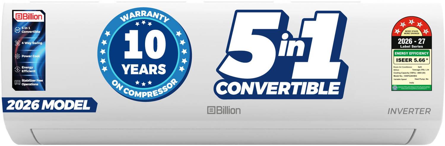 Billion 2026 Model 1.5 Ton 5 Star Split Inverter 5-in-1 Convertible with Turbo Cool Technology AC