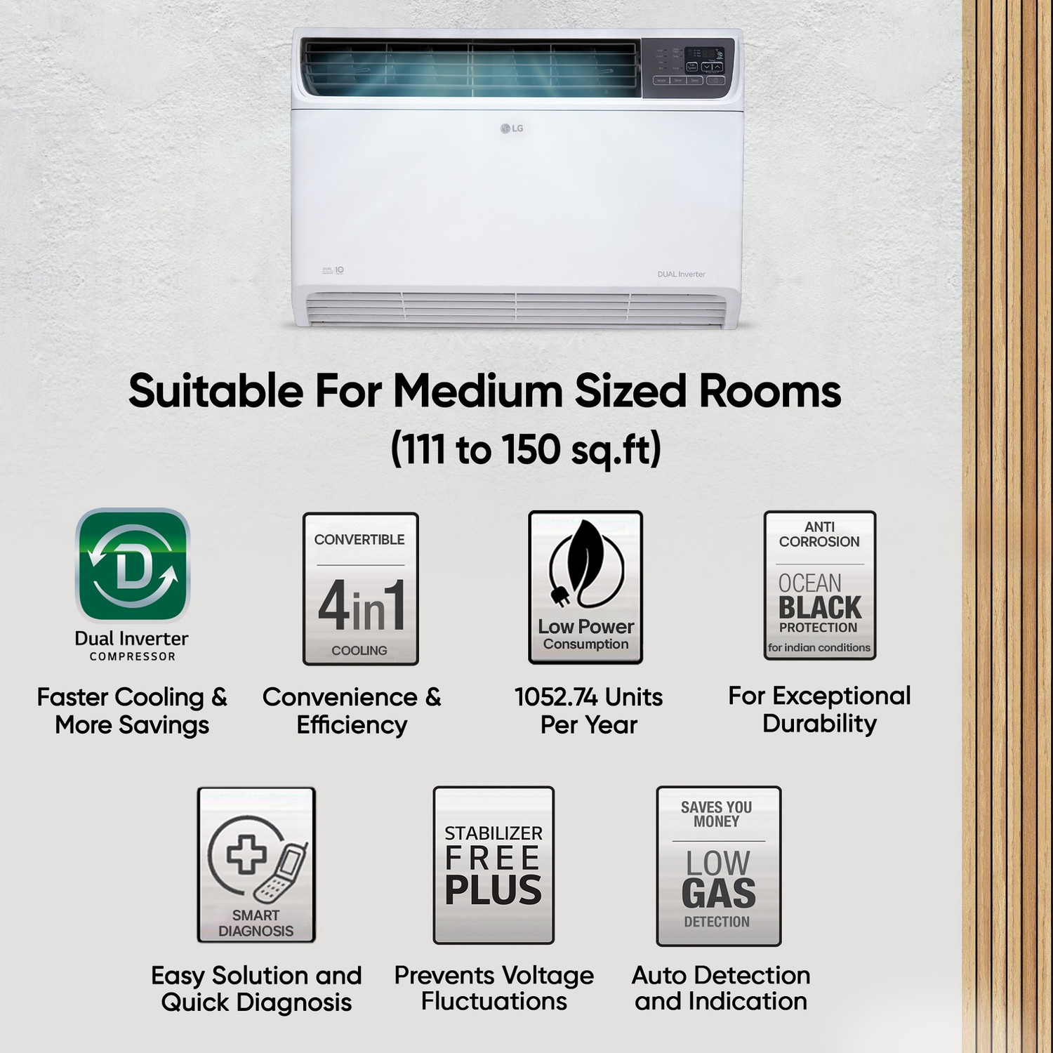 Image of LG 2025 Model 1.5 Ton 5 Star Window Dual Inverter Convertible 4-in-1 Cooling with Faster Cooling and Energy Saving, 4 Way Air Swing and HD Filter AC