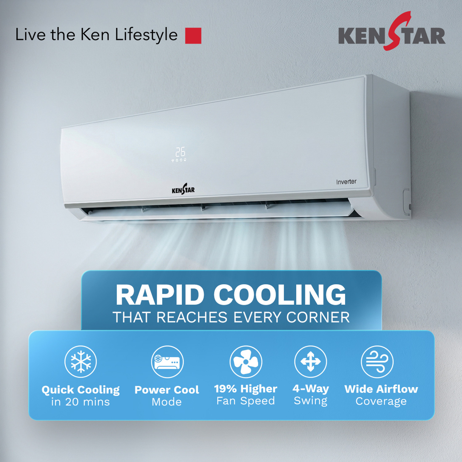 Image of Kenstar 2026 Model 1 Ton 3 Star Split Inverter 5-in-1 Convertible with Rapid Cool Technology AC