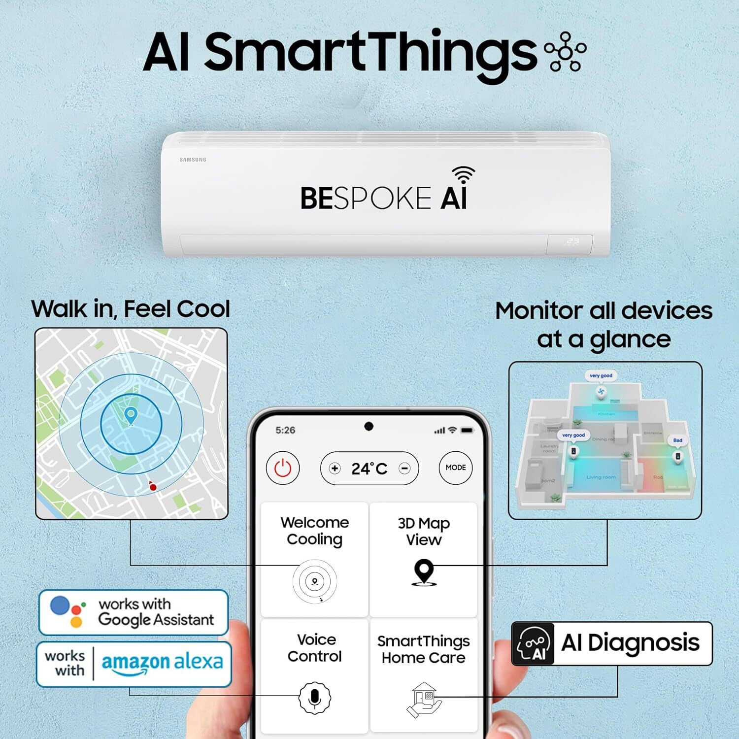 Image of Samsung 2026 Model 1 Ton 3 Star Split AI Inverter with Wi-fi AC
