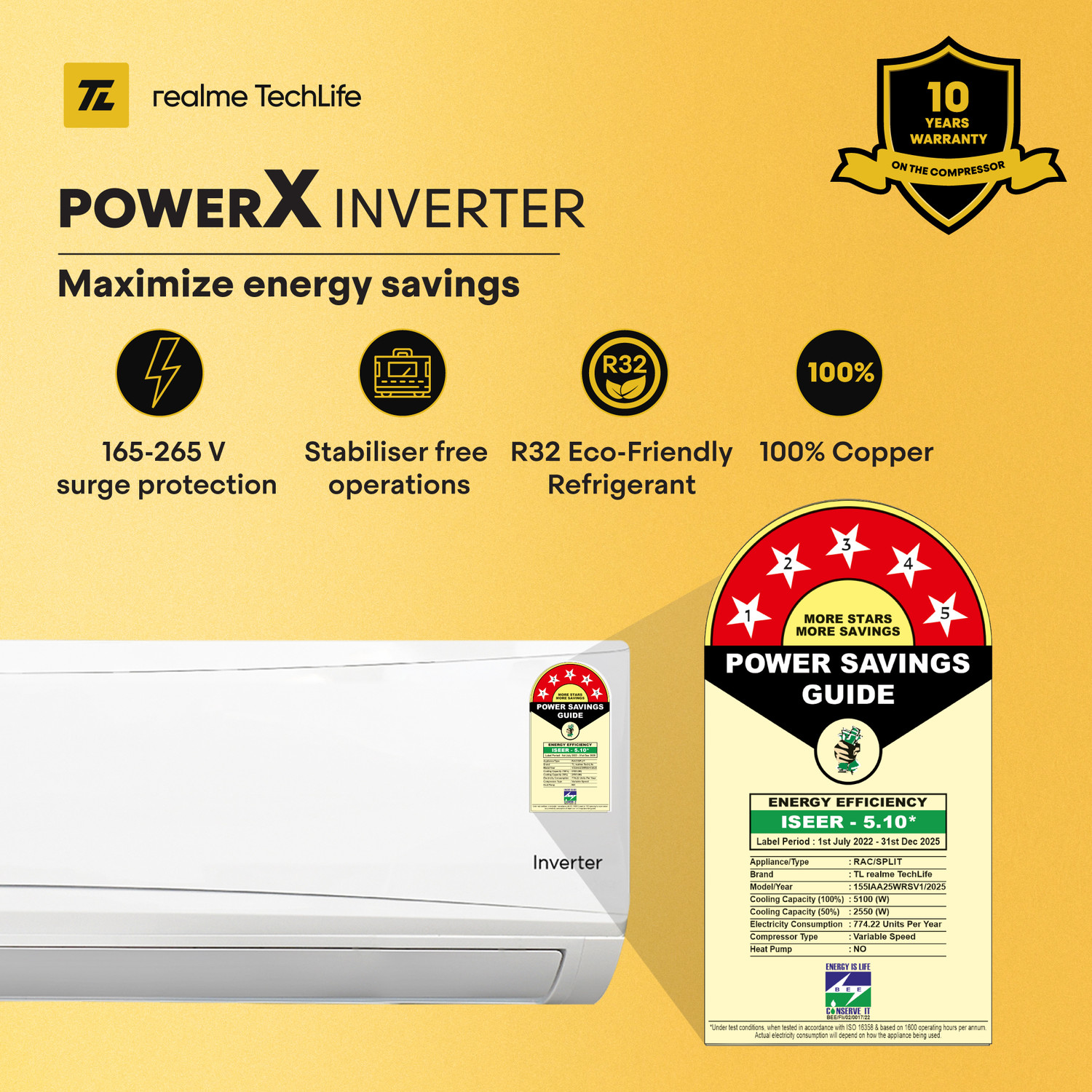 Image of realme TechLife 2025 Model 1.5 Ton 5 Star Split Inverter with Wi-fi 5-in-1 Convertible with Rapid Cool Technology Smart AC