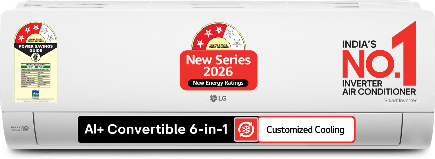 Image of LG 2026 Model 1.5 tons 3 Star Split Smart Inverter with Wi-fi Faster Cooling and Energy Saving, Energy Manager+, AI+ Convertible 6-in-1 Cooling, 4 Way Air Swing, HD Filter with Anti Virus Protection, Cools at 55 Degree Celsius, Him Clean, VIRAAT Mode and Diet Mode Plus AC