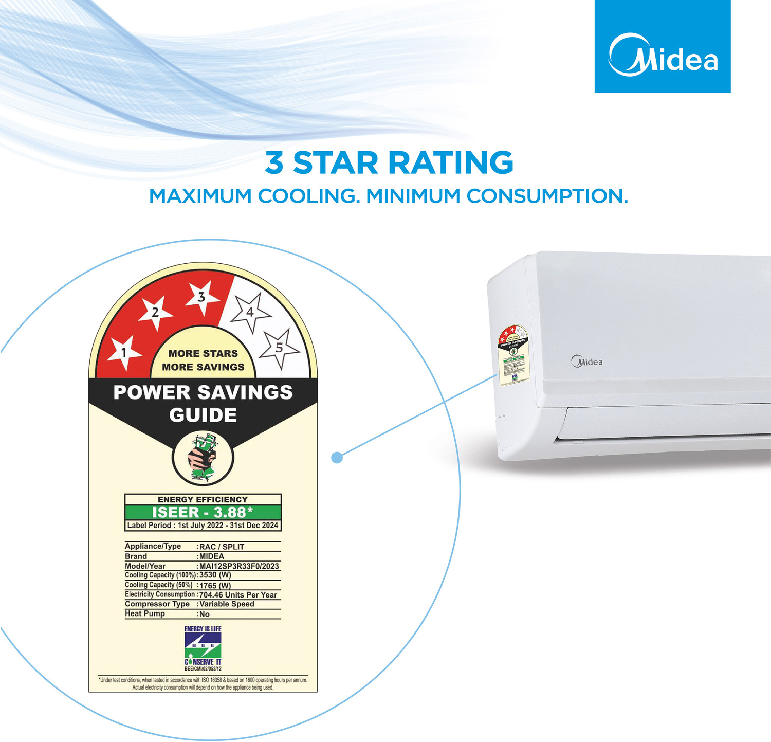 Image of Midea 2023 Model 1 Ton 3 Star Split Inverter HD Filter with 2 Way Air Directional Control, Auto Cleanser, Intelligent CRF Alert, AC