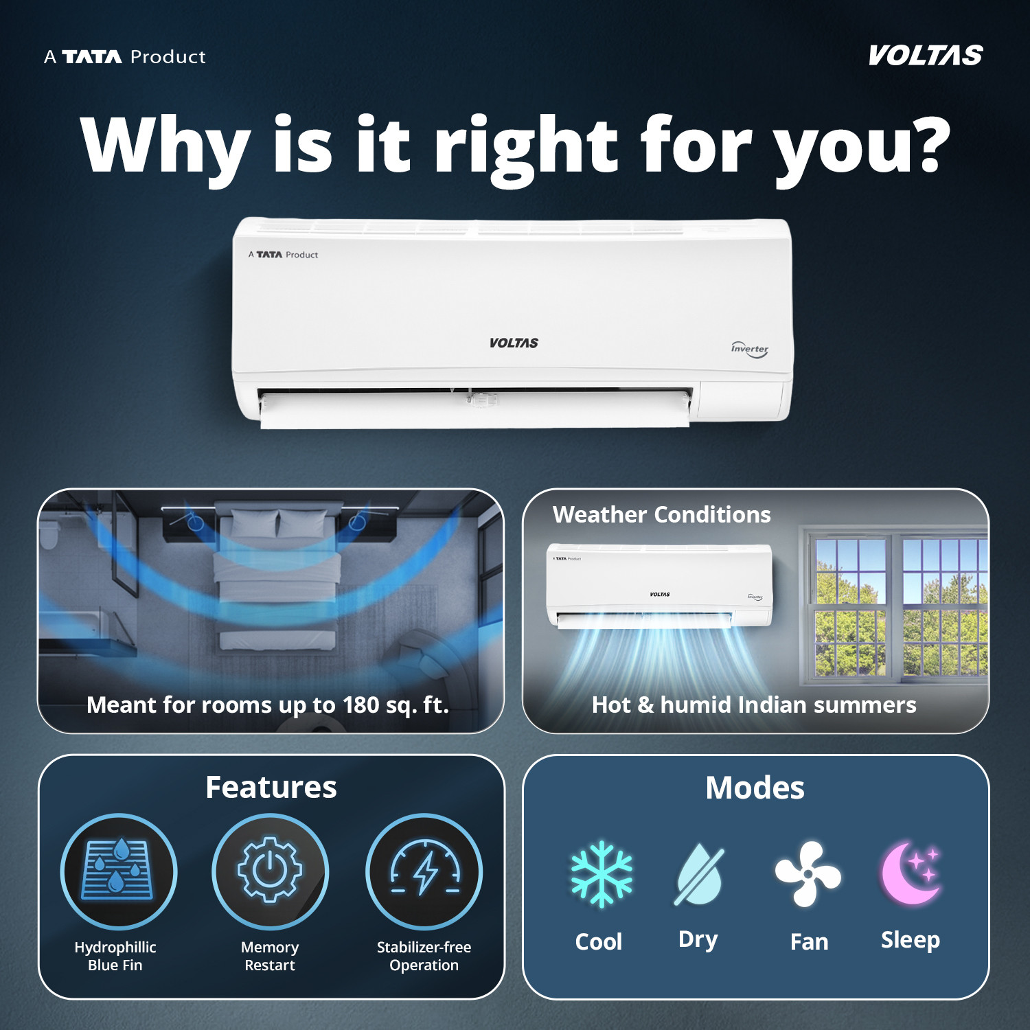 Image of Voltas 2025 Model 1.5 Ton 3 Star Split Inverter 4-IN-1 Adjustable Mode | Energy Efficient | High Ambient Cooling (even at 52�C) | Anti-Dust Filter with Anti-Microbial Coating | Auto Clean AC