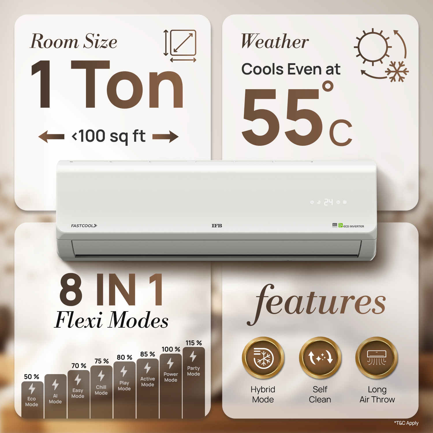 Image of IFB 2026 Model 1 Tons 3 Star Split Inverter with Hybrid Mode, 8-in-1 Flexi Mode, Heavy Duty Compressor, Long Air Throw, Self Clean, Copper Condenser AC