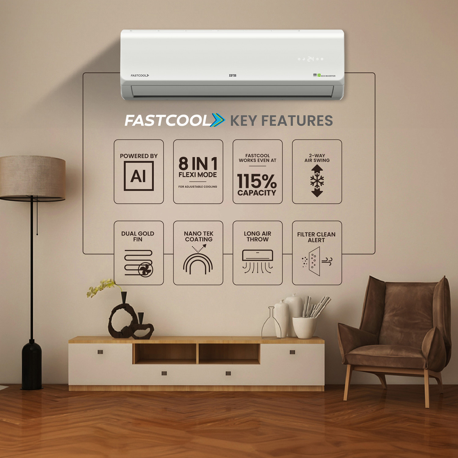 Image of IFB 2025 Model 1.5 Ton 3 Star Split Inverter Silver Plus Series with HD Compressor, AI, Dual Gold Fin, Nano Tek Coating & 8-in-1 Flexi Mode AC