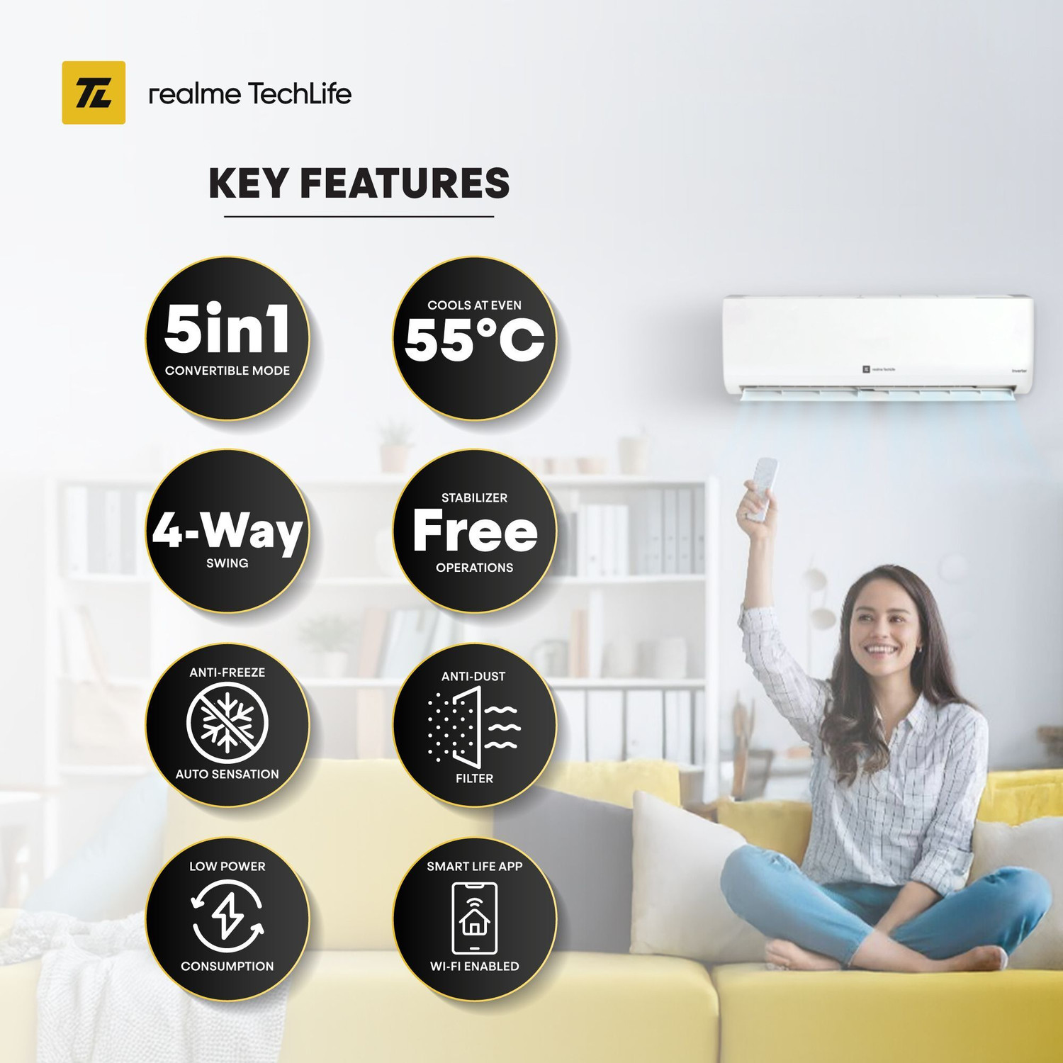Image of realme TechLife 2025 Model 1.5 Ton 5 Star Split Inverter with Wi-fi 5-in-1 Convertible with Rapid Cool Smart Technology AC