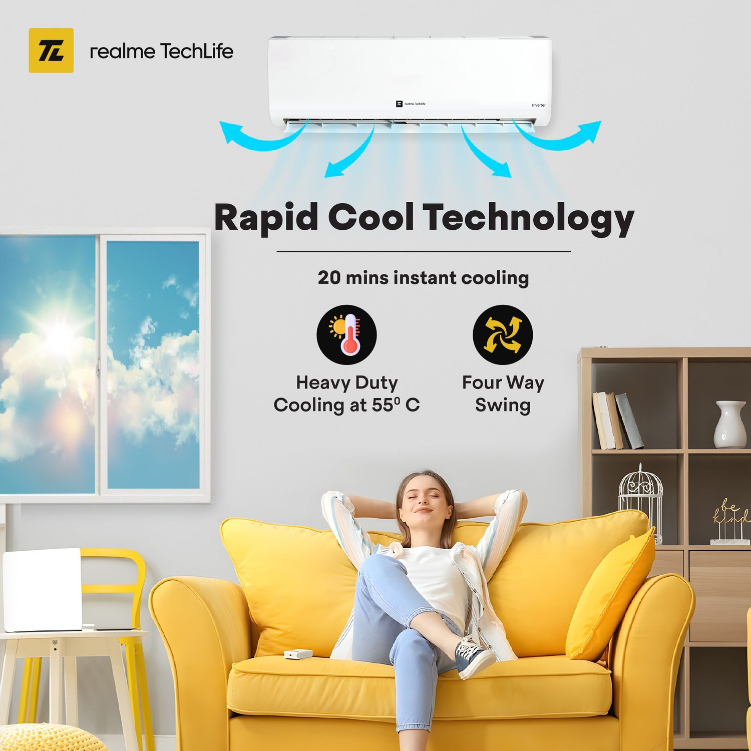 Image of realme TechLife 2025 Model 1.5 Ton 5 Star Split Inverter with Wi-fi 5-in-1 Convertible with Rapid Cool Smart Technology AC
