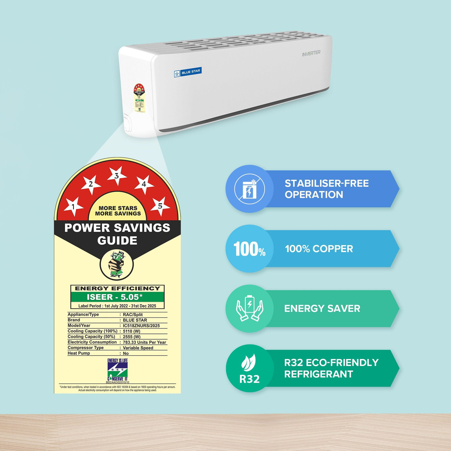 Image of Blue Star 2025 Model 1.5 Ton 5 Star Split Inverter with Wi-fi AC