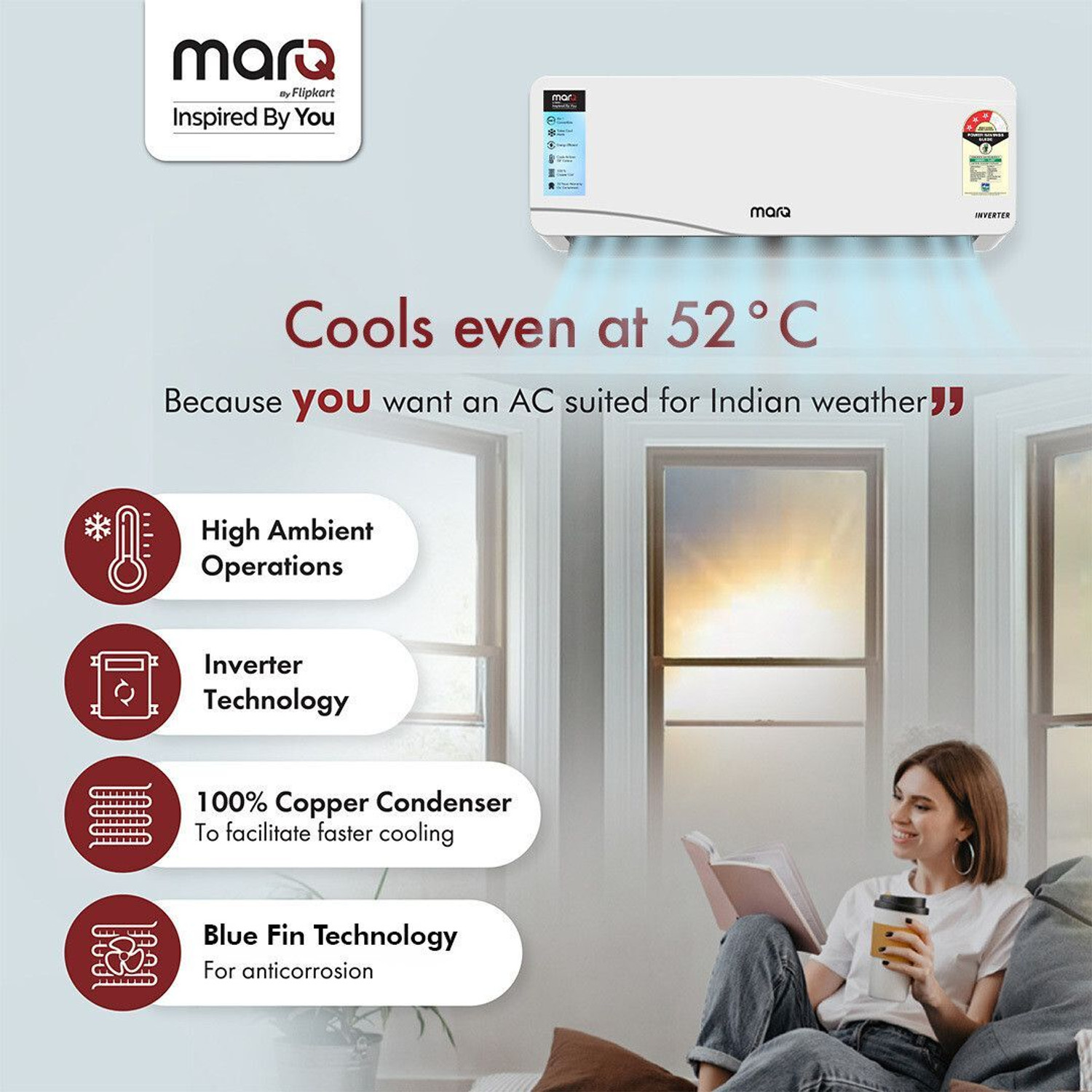 Image of MarQ by Flipkart 2025 Model 0.75 ton 3 Star Split Inverter 4-in-1 Convertible with Turbo Cool Technology AC