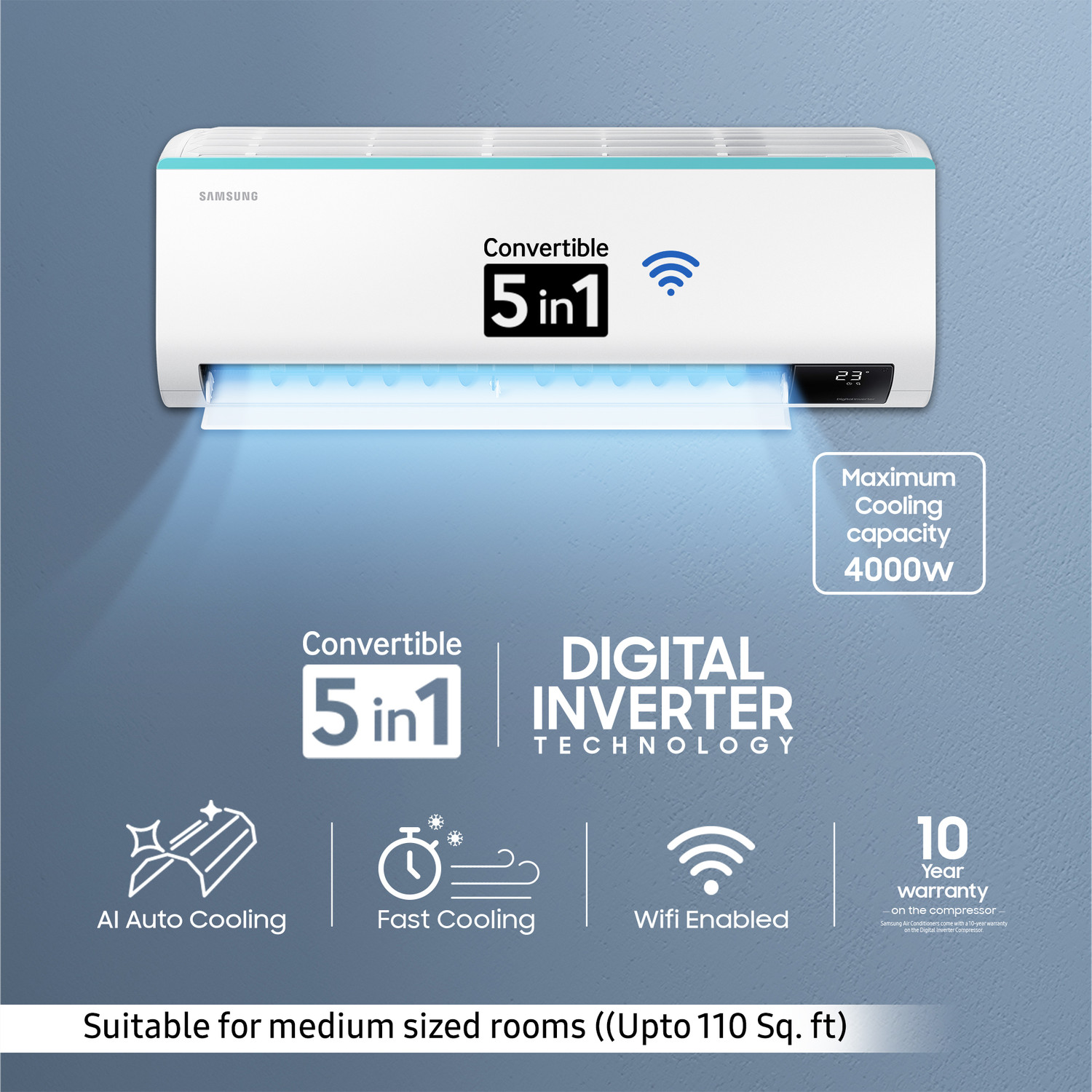 Image of Samsung 2023 Model 1 Ton 5 Star Split Inverter with Wi-fi AC